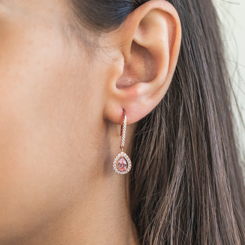 Sterling Silver Rose Plated Zirconia Pear Earrings - Image 3