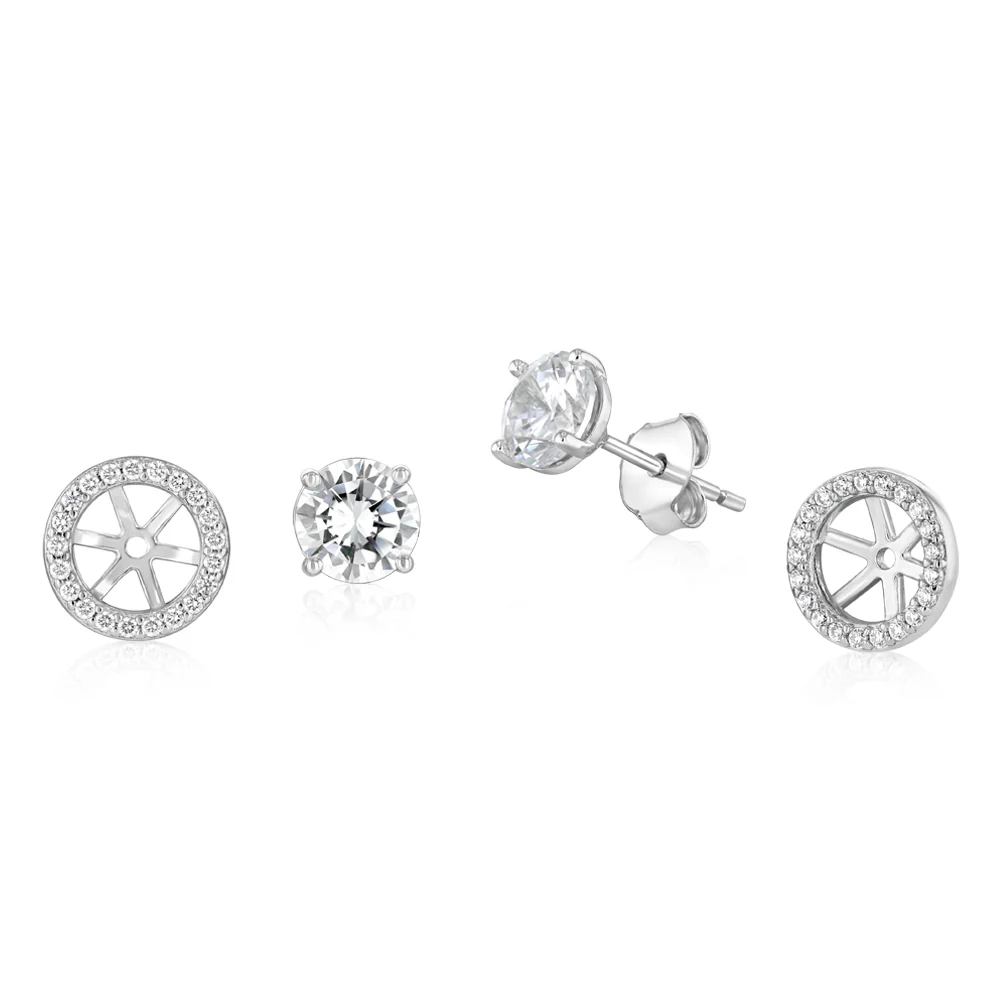 Sterling Silver Round White Cubic Zirconia Halo Stud Earrings - Image 2