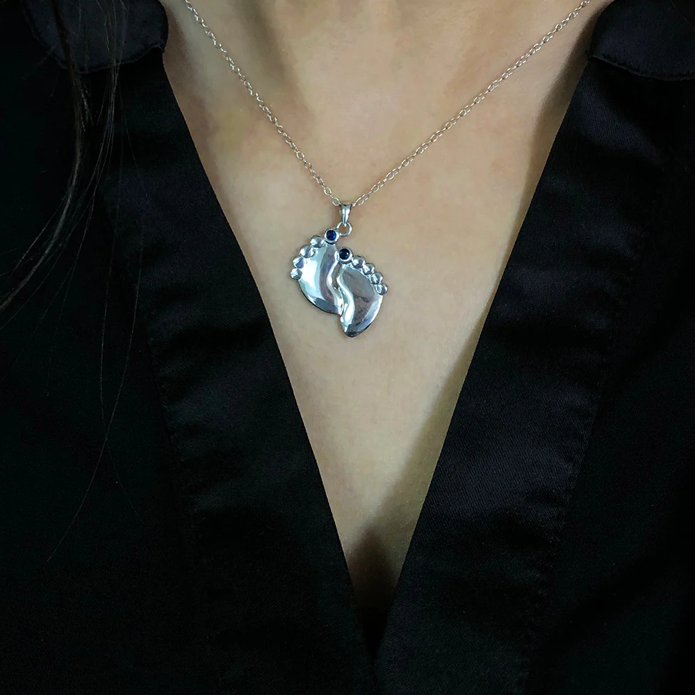 Sterling Silver Sapphire Babyfeet Pendant with chain - Image 2