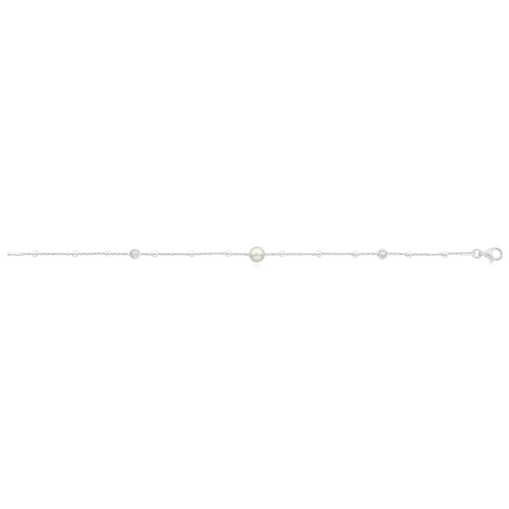 Sterling Silver Simulated Pearl + Zirconia Fancy Bracelet 19cm - Image 2
