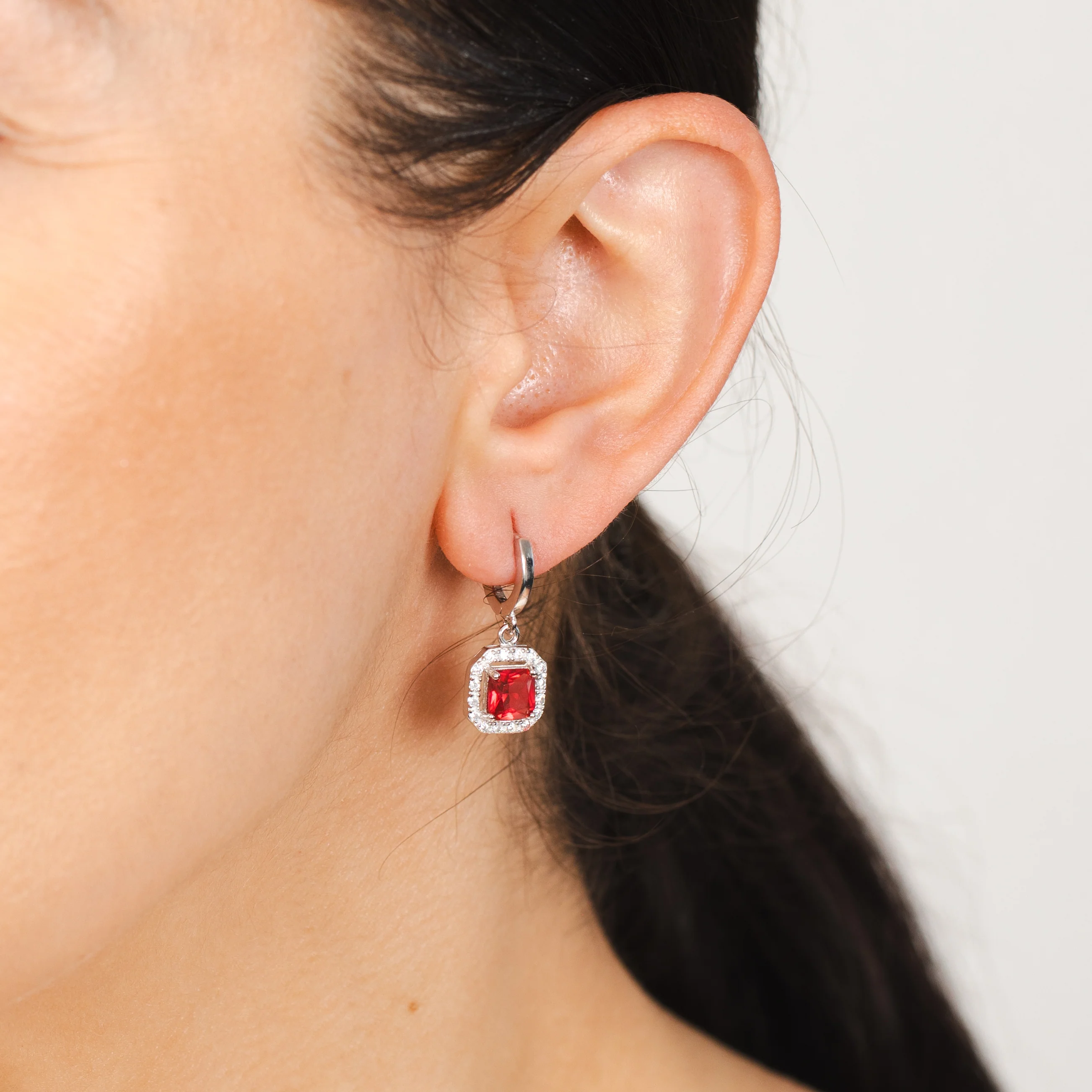 Sterling Silver Square Created Ruby And Zirconia Drop Earrings - Image 2