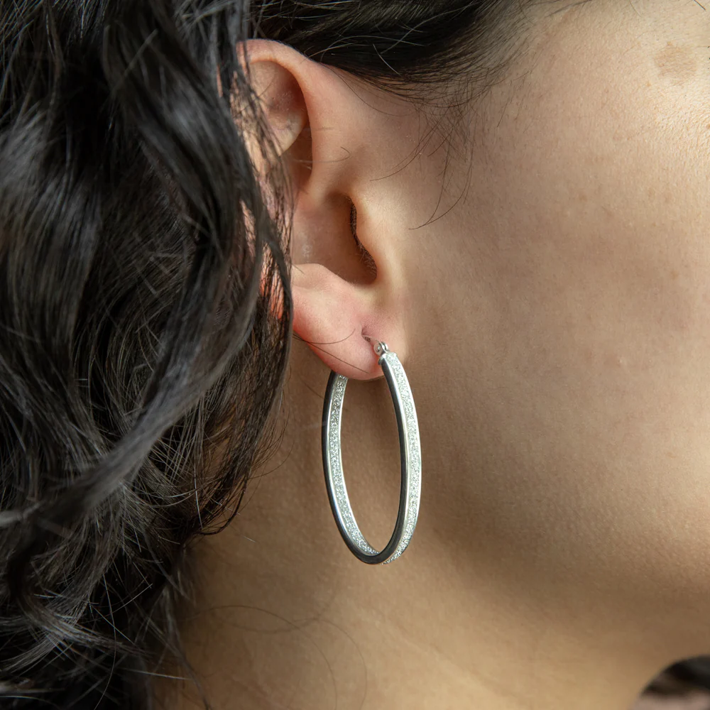 Sterling Silver Stardust Oval Hoop Earrings - Image 2