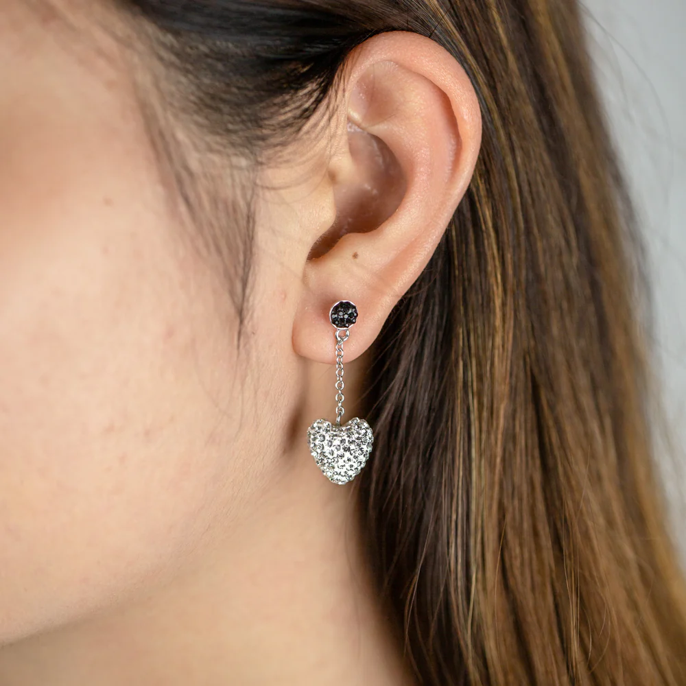 Sterling Silver Swarovski Crystal Black and White Heart Drop Earrings - Image 2
