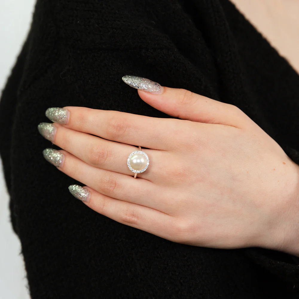 Sterling Silver Swarovski Pearl & Cubic Zirconia Halo Ring - Image 4