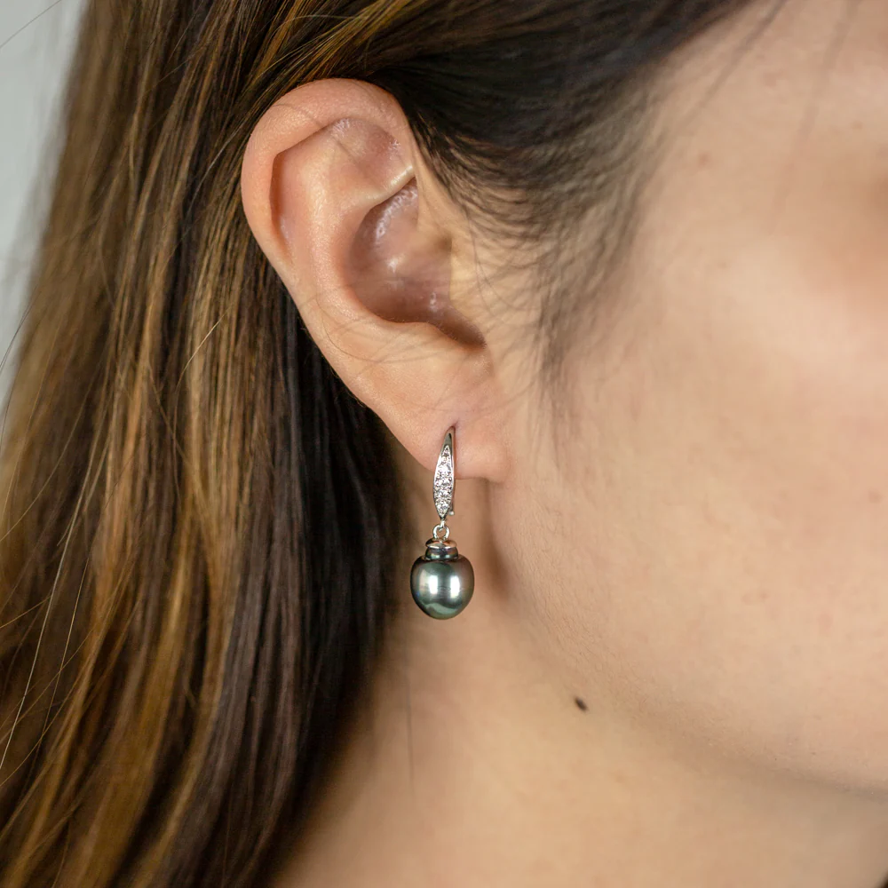 Sterling Silver Tahitian Pearl & Zirconia Drop Earrings - Image 2