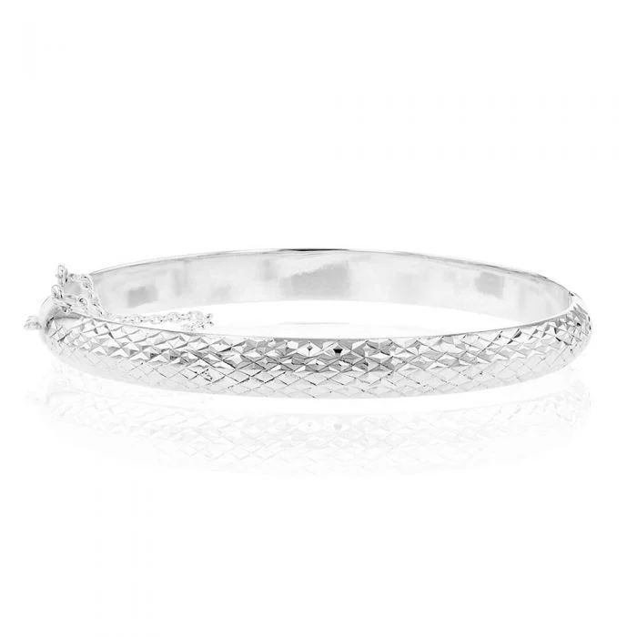 Sterling Silver Textured 7mm Hinged With Saftey Chain Bangle