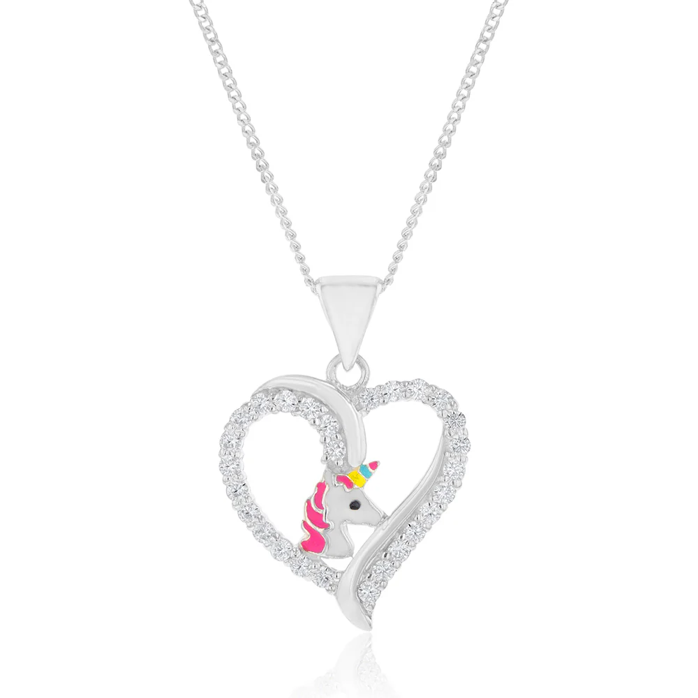 Sterling Silver Unicorn In Heart With Cubic Zirconia Pendant