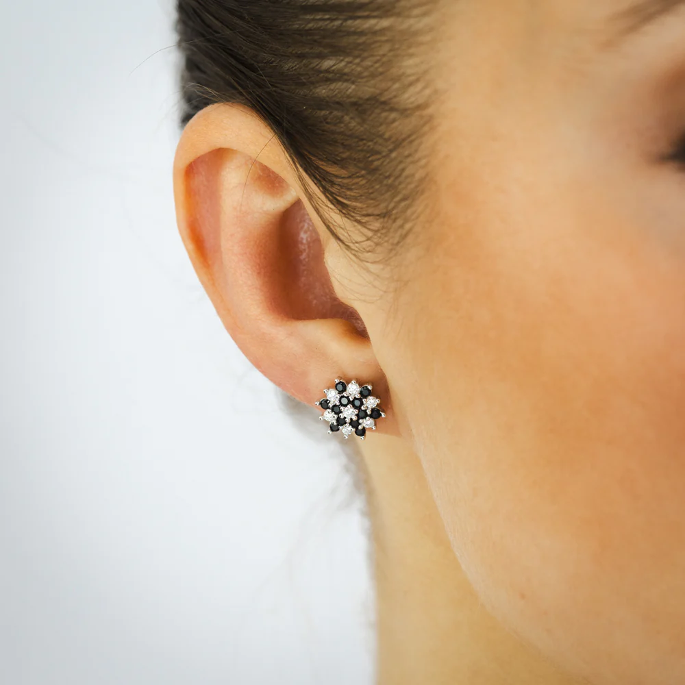 Sterling Silver White And Black Cubic Zirconia Fancy Flower Stud Earrings - Image 2