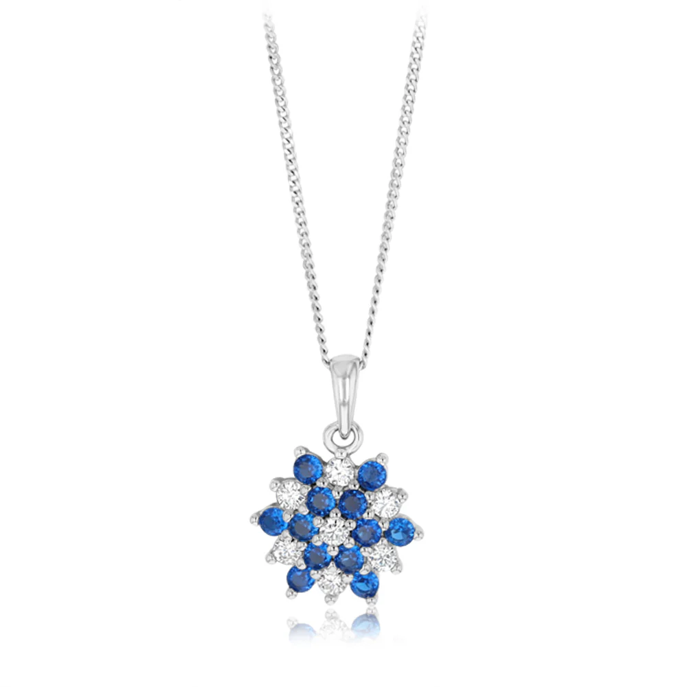 Sterling Silver White And Blue Cubic Zirconia Fancy Flower Pendant