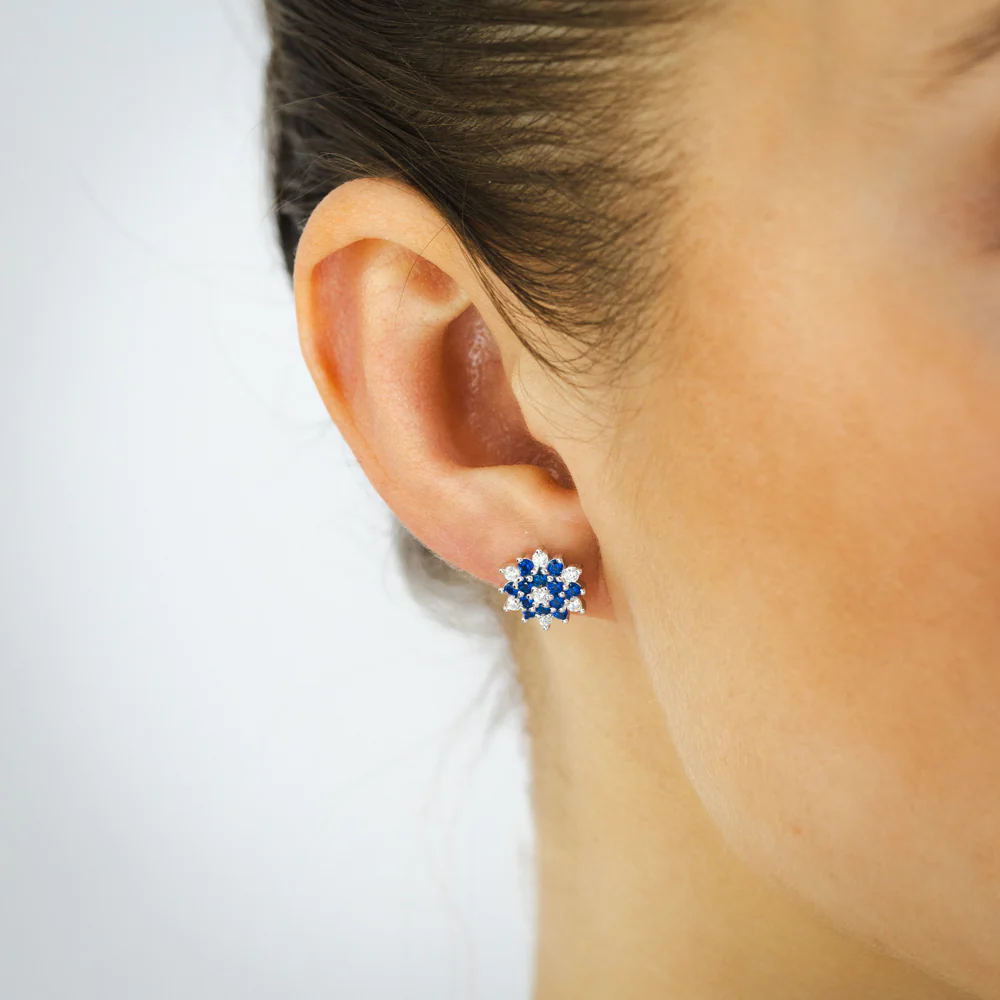 Sterling Silver White And Blue Cubic Zirconia Fancy Flower Stud Earrings - Image 2