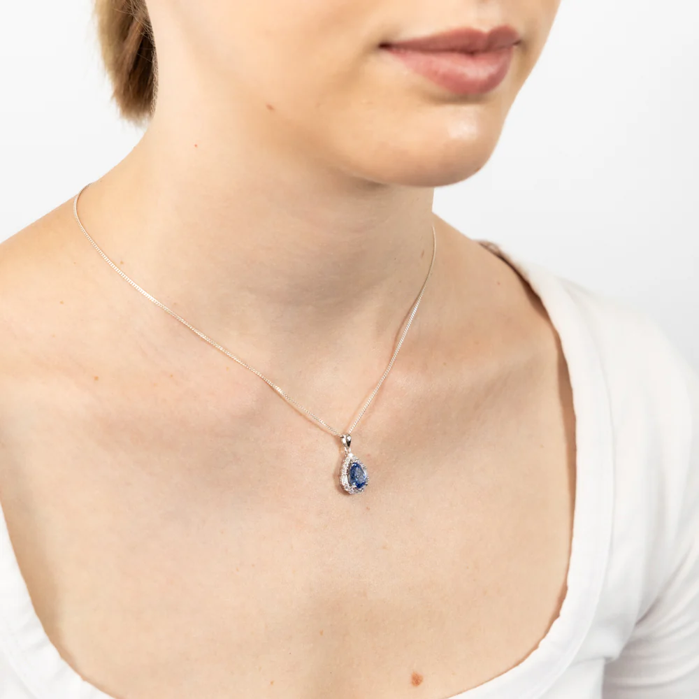 Sterling Silver White And Sapphire Cubic Zirconia Pear Shaped Pendant - Image 2