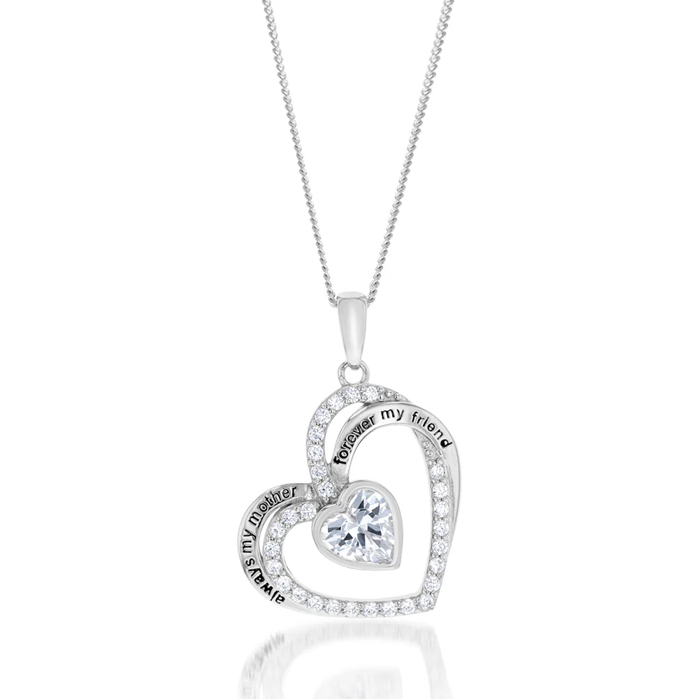 Sterling Silver White Cubic Zirconia And Inscription On Double Heart Pendant