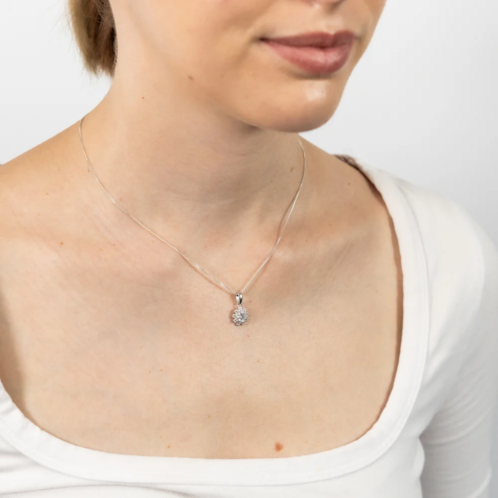 Sterling Silver White Cubic Zirconia Flower Pendant And Stud Earrings Set - Image 3