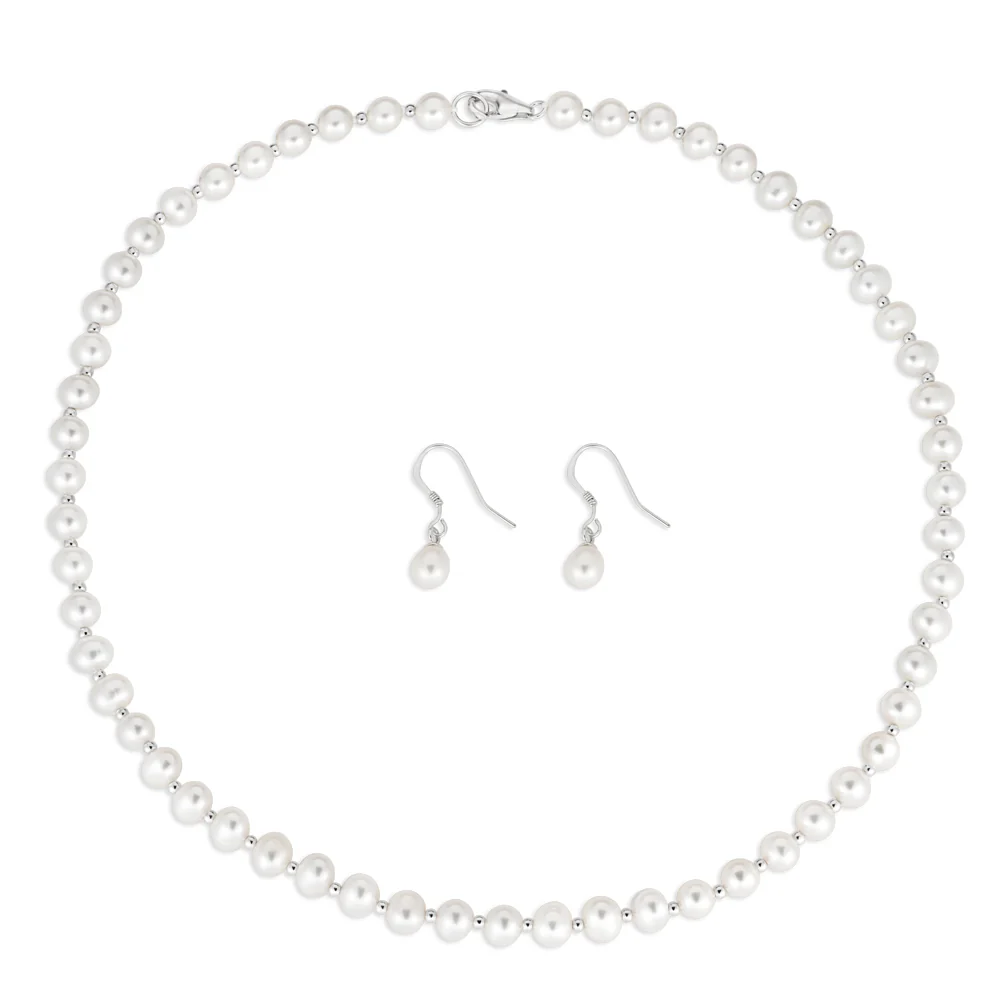 Sterling Silver White Freshwater Pearl Chain & Earring Boxed Set - Image 3