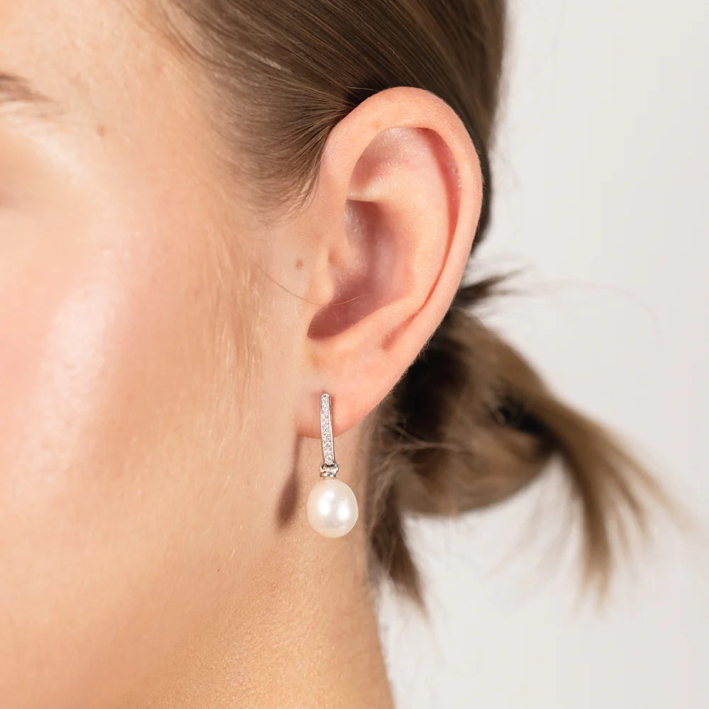 Sterling Silver White Rice Pearl & Cubic Zirconia Stud Earrings - Image 2
