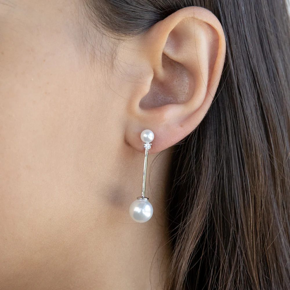 Sterling Silver White Shell Pearl and Zirconia Drop Earrings - Image 2