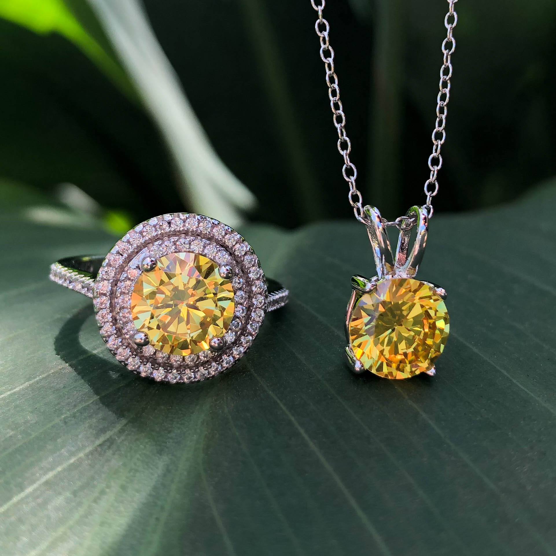 Sterling Silver Yellow Cubic Zirconia Solitaire Pendant Chain and Halo Ring Set - Image 5