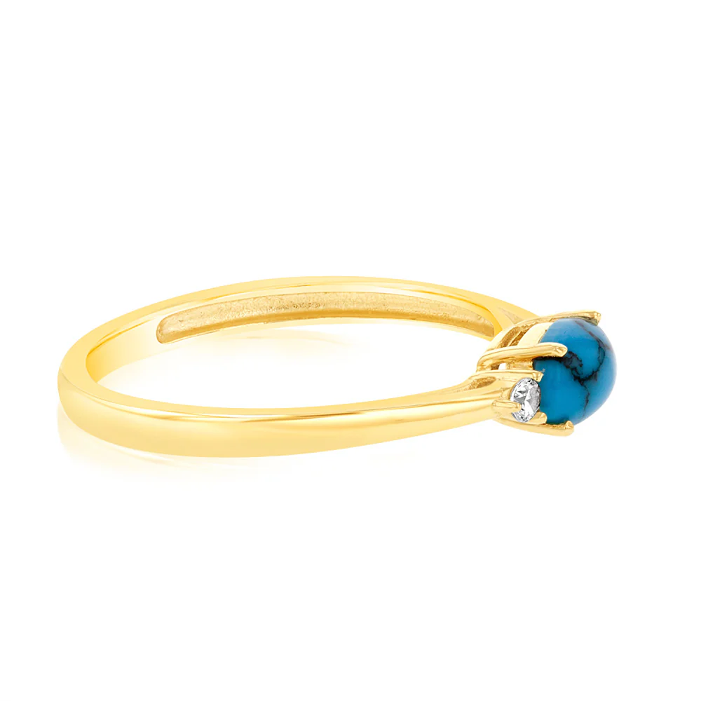 Sterling Silver Yellow Gold Plated Created Oval Green Turquoise And Zirconia Ring - Image 2