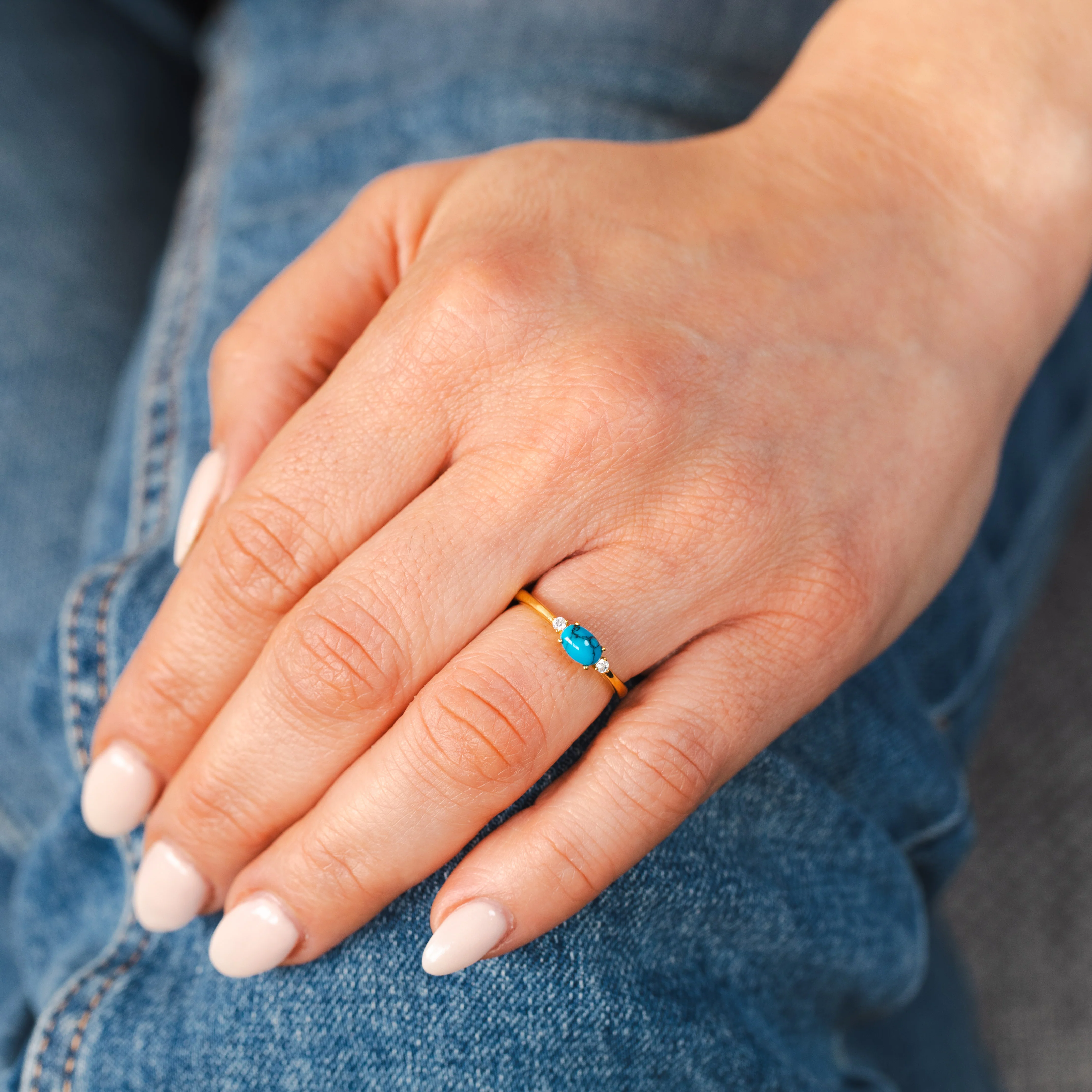 Sterling Silver Yellow Gold Plated Created Oval Green Turquoise And Zirconia Ring - Image 3