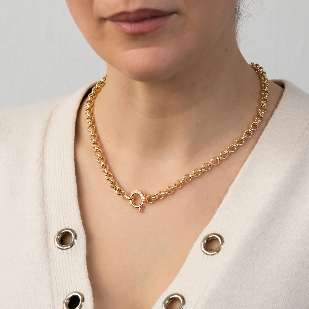 Sterling Silver Yellow Gold Plated Cubic Zironica Boltring 45cm Belcher Chain - Image 3