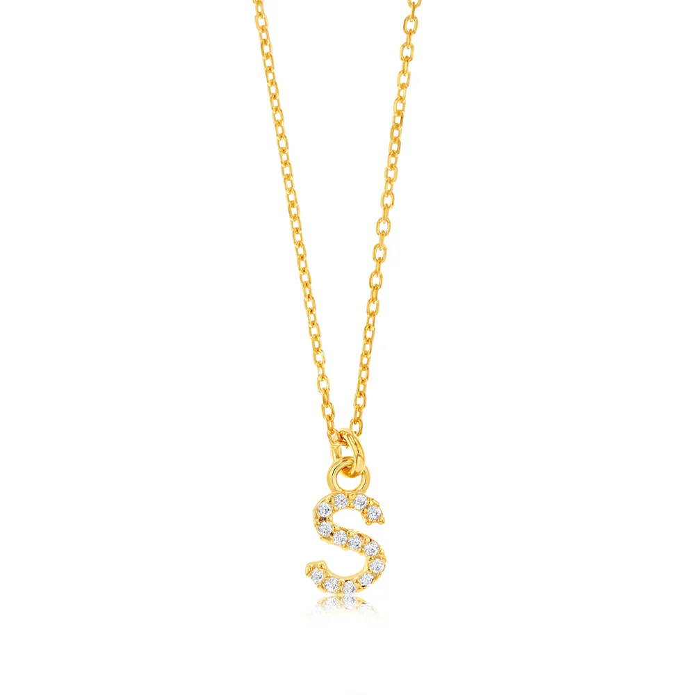Sterling Silver Yellow Gold Plated Initail "S" Pendant On 45cm Chain