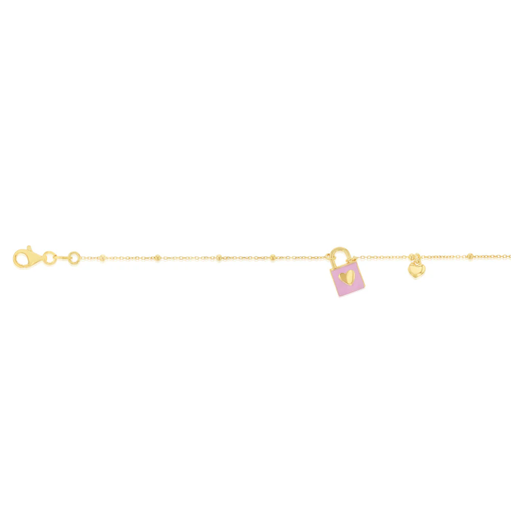 Sterling Silver Yellow Gold Plated Pink Enamel Lock19cm Bracelet - Image 2
