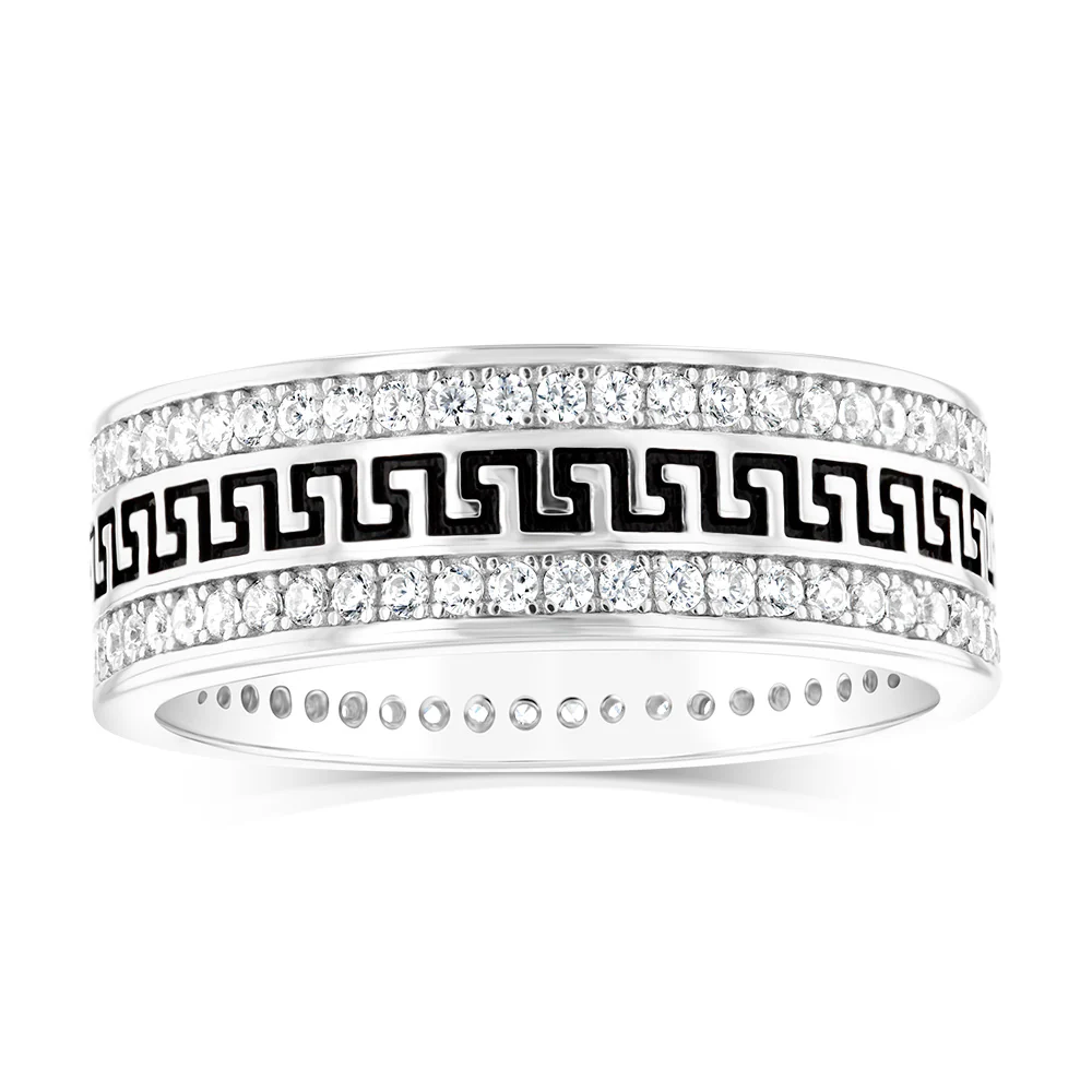 Sterling Silver Zirconia and Black Enamel Greek Key Ring
