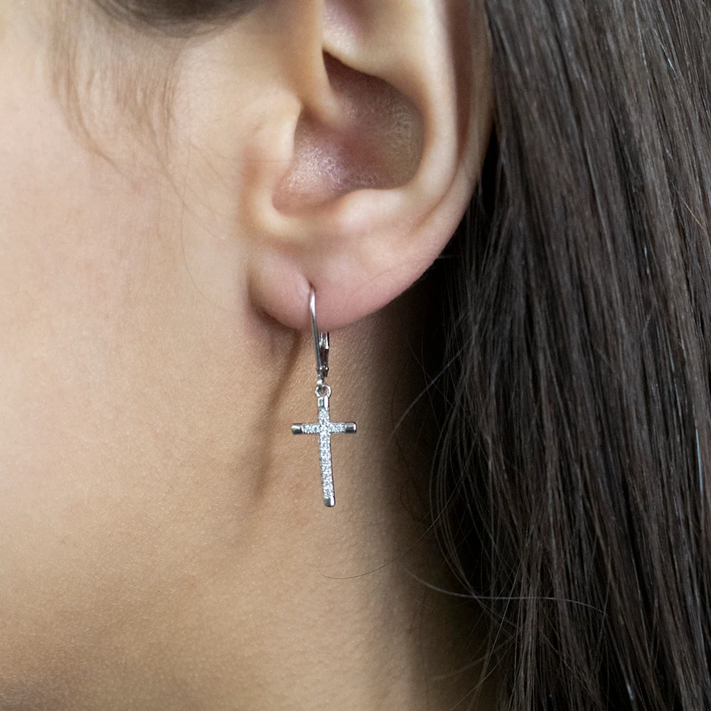 Sterling Silver Zirconia Cross Lever Back Earrings - Image 2