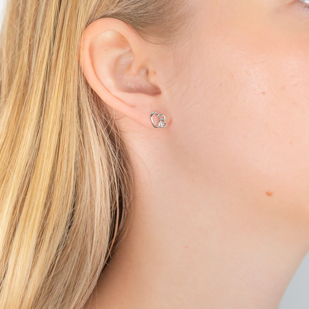 Sterling Silver Zirconia Double Heart Stud Earrings - Image 2