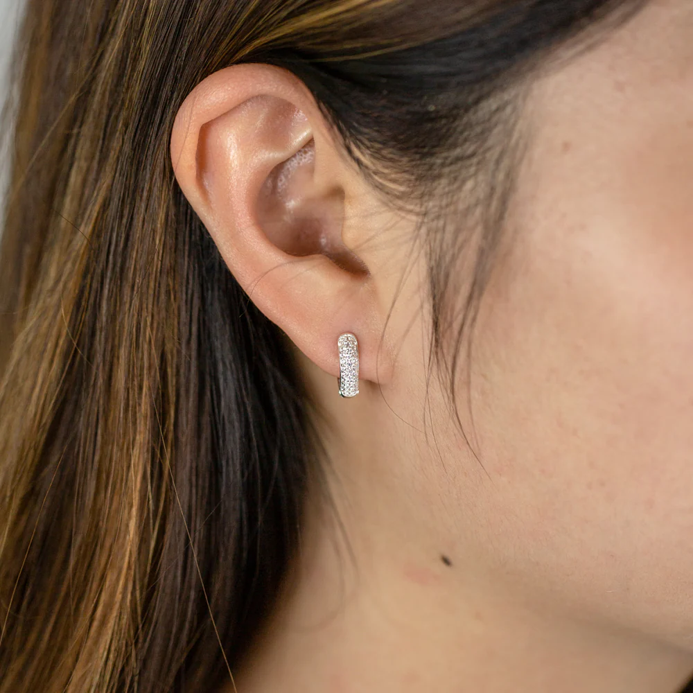 Sterling Silver Zirconia Pave Set Huggie Hoop Earrings - Image 2