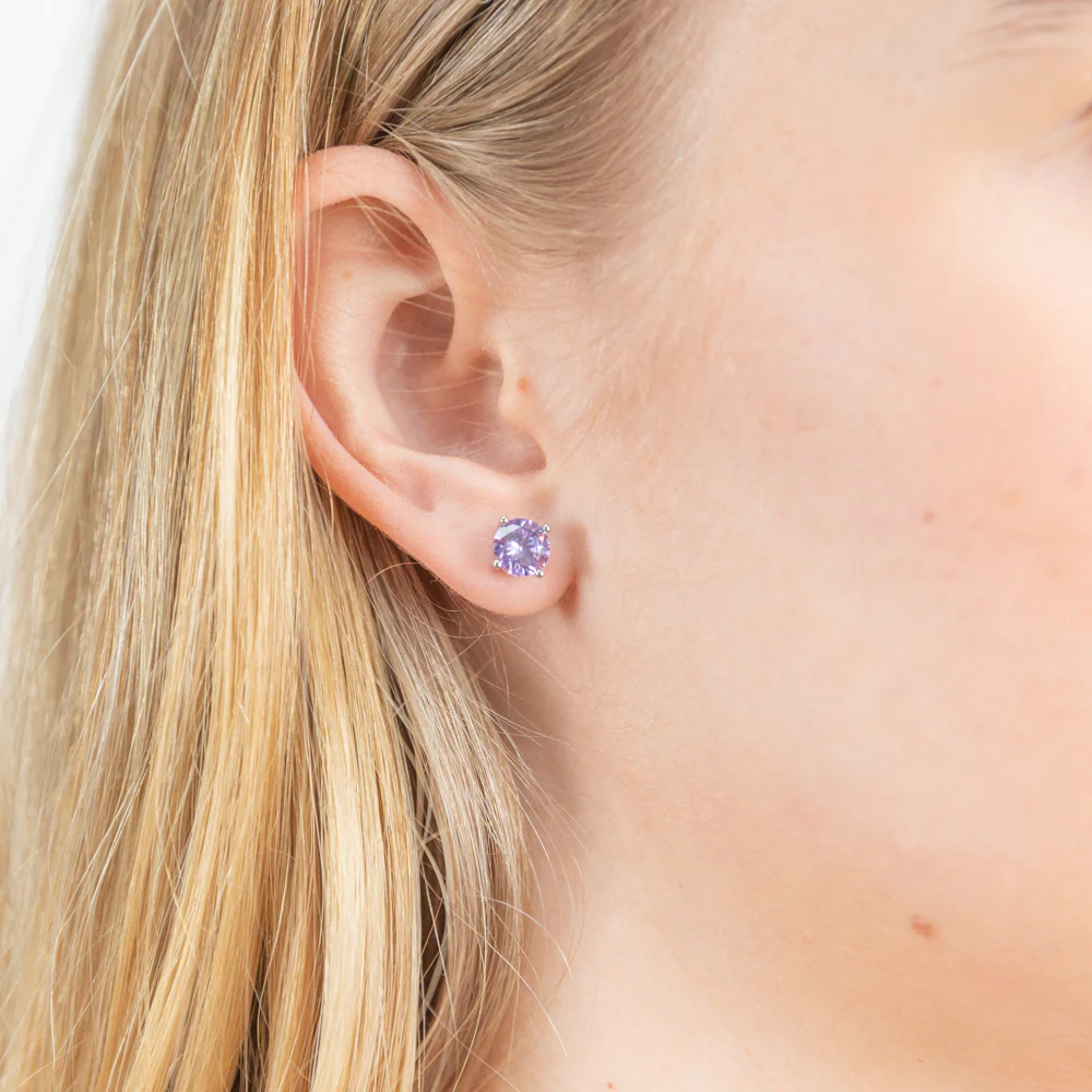 Sterling Silver Zirconia Round 6.55mm Purple Stud Earrings - Image 2