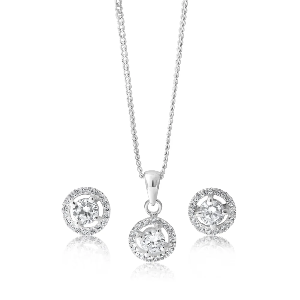 Sterling Silver Zirconia Round Pendant and Stud Earring Set - chain not included
