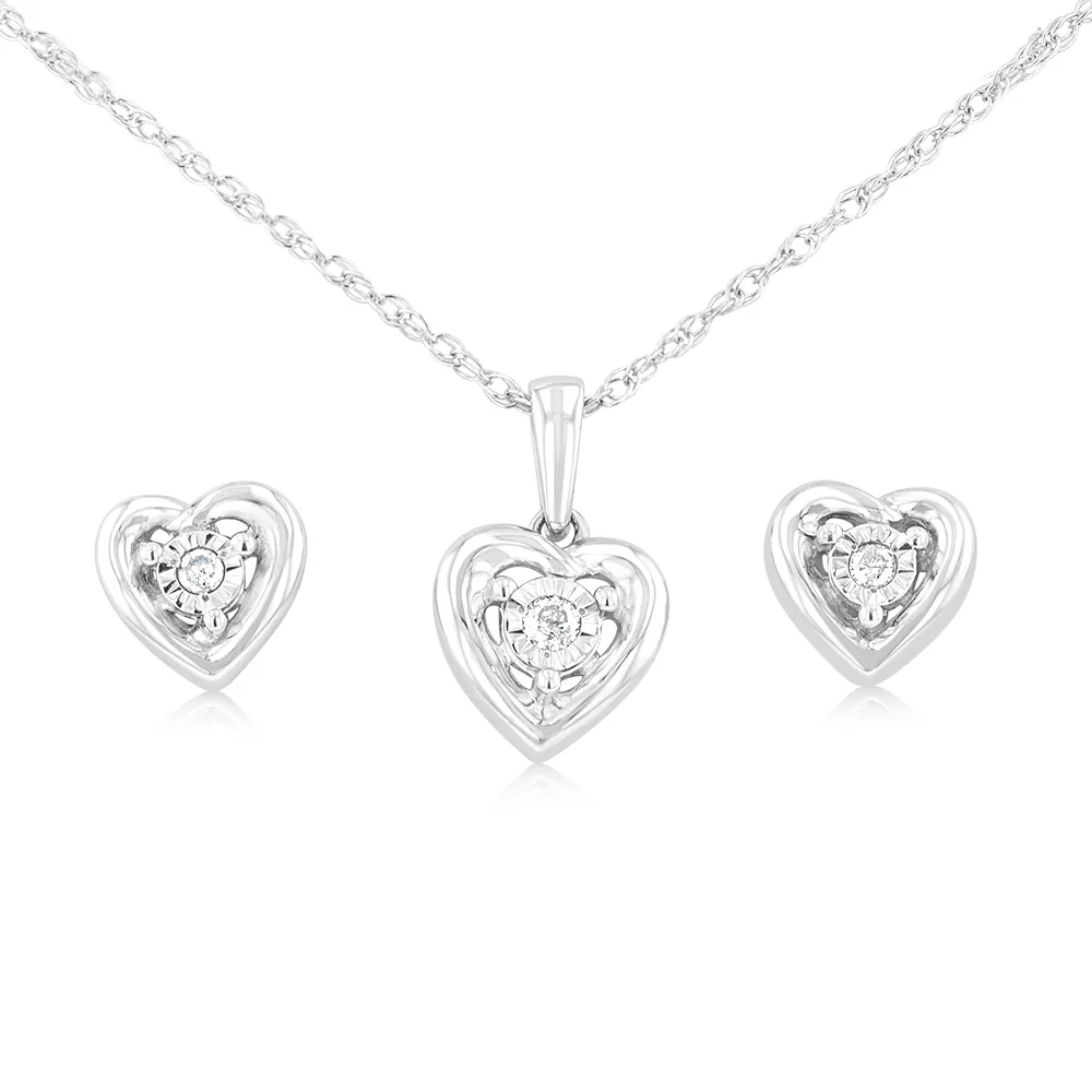 Sterling Siver 0.08 Carat Diamonds Heart Shaped Earring and Pendant Set on 45cm Chain