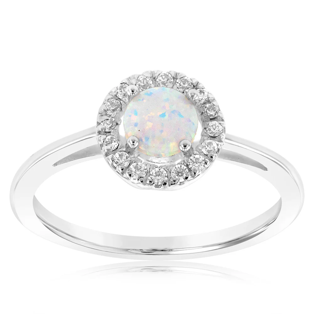 Sterlling Silver Cubic Zirconia And Created Opal Ring