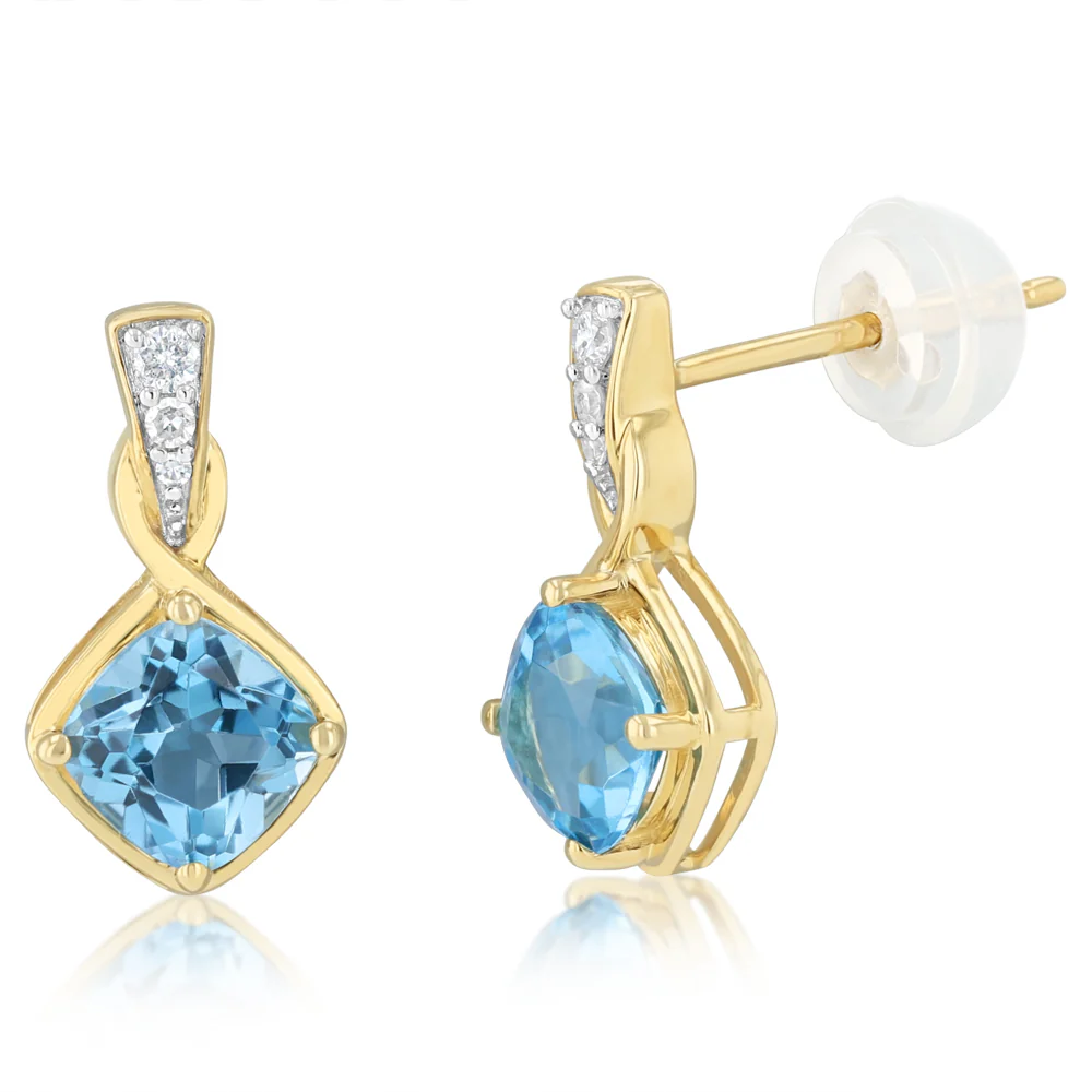 Swiss Blue Topaz and Diamond Drop Earrings in 9ct Yellow Gold
