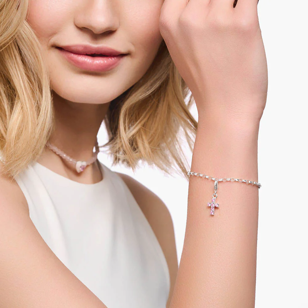 Thomas Sabo Sterling Silver Charmista Pink Zirconia Cross Charm - Image 2