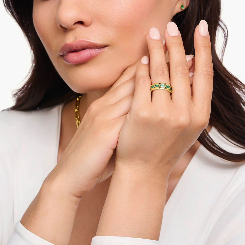 Thomas Sabo Yellow Gold Plated Crocodile Rock Green Wide Ring - Image 2