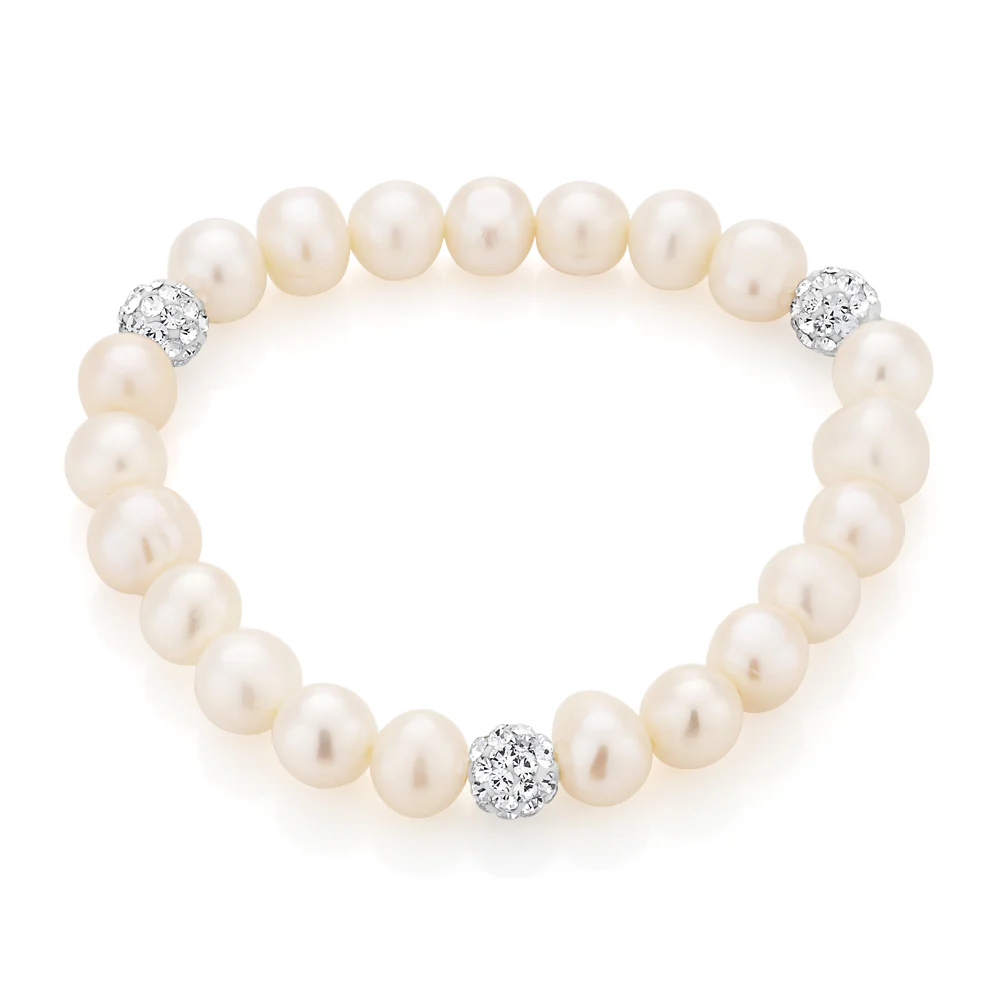 White 7.5-8mm Freshwater Pearl and Crystal Bracelet - Image 2