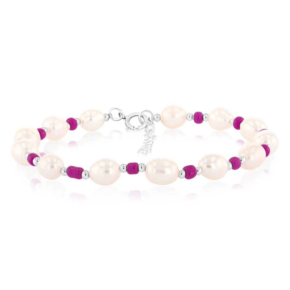 White Freshwater Pearl Bracelet with Pink & Silver Beads in Sterling Silver