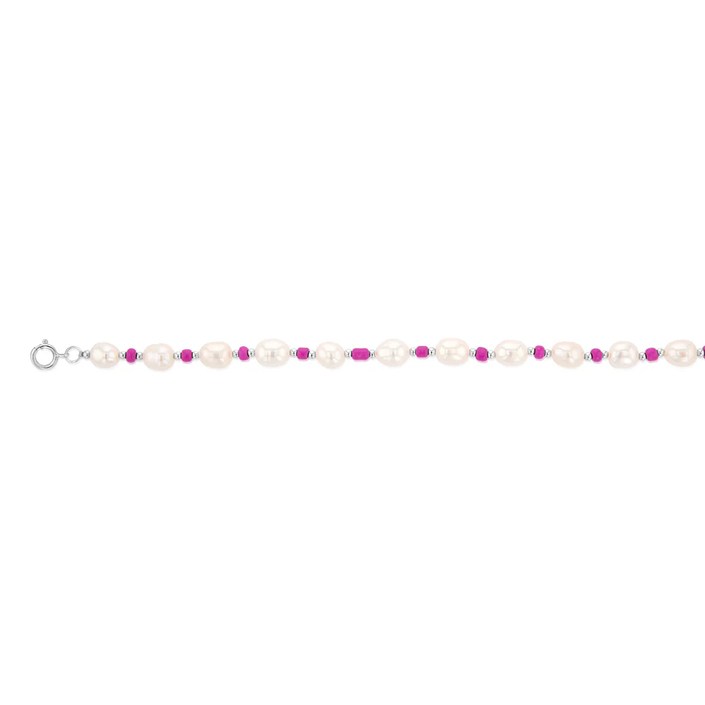 White Freshwater Pearl Bracelet with Pink & Silver Beads in Sterling Silver - Image 2