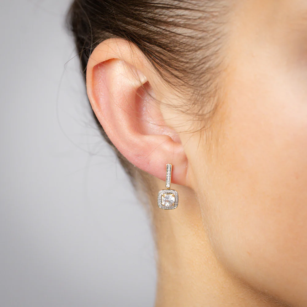 White Topaz and Diamond Drop Earrings in 9ct Yellow Gold