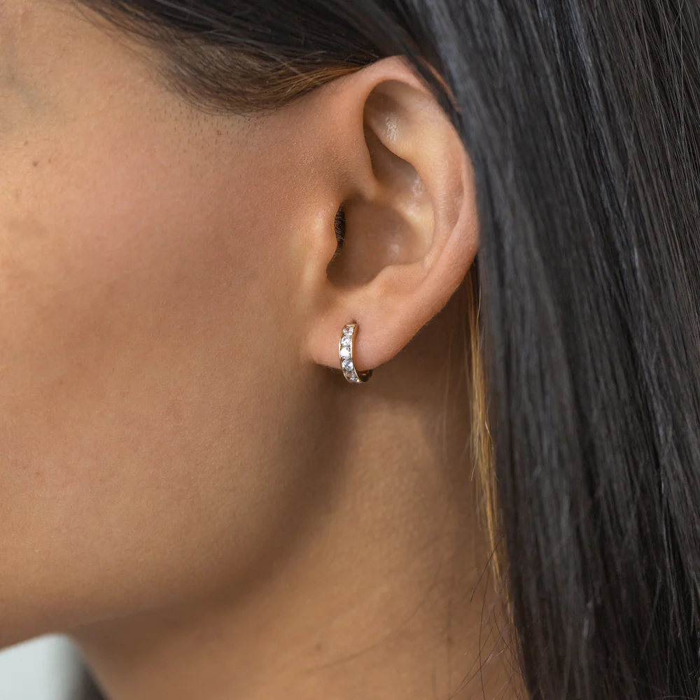 White Zirconia 10mm Huggie Earrings in 9ct Yellow Gold - Image 2