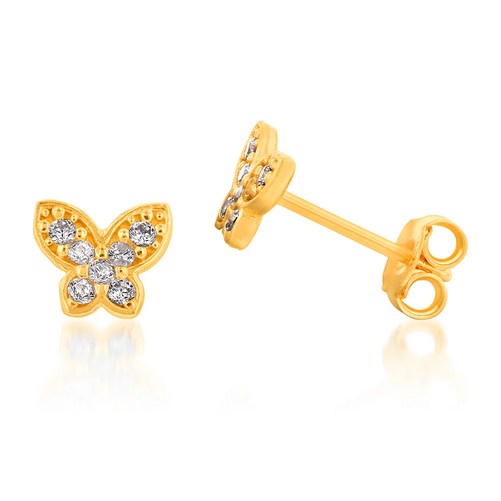 Yellow Gold Plated Sterling Silver Cubic Zirconia On Butterfly On Stud Earrings